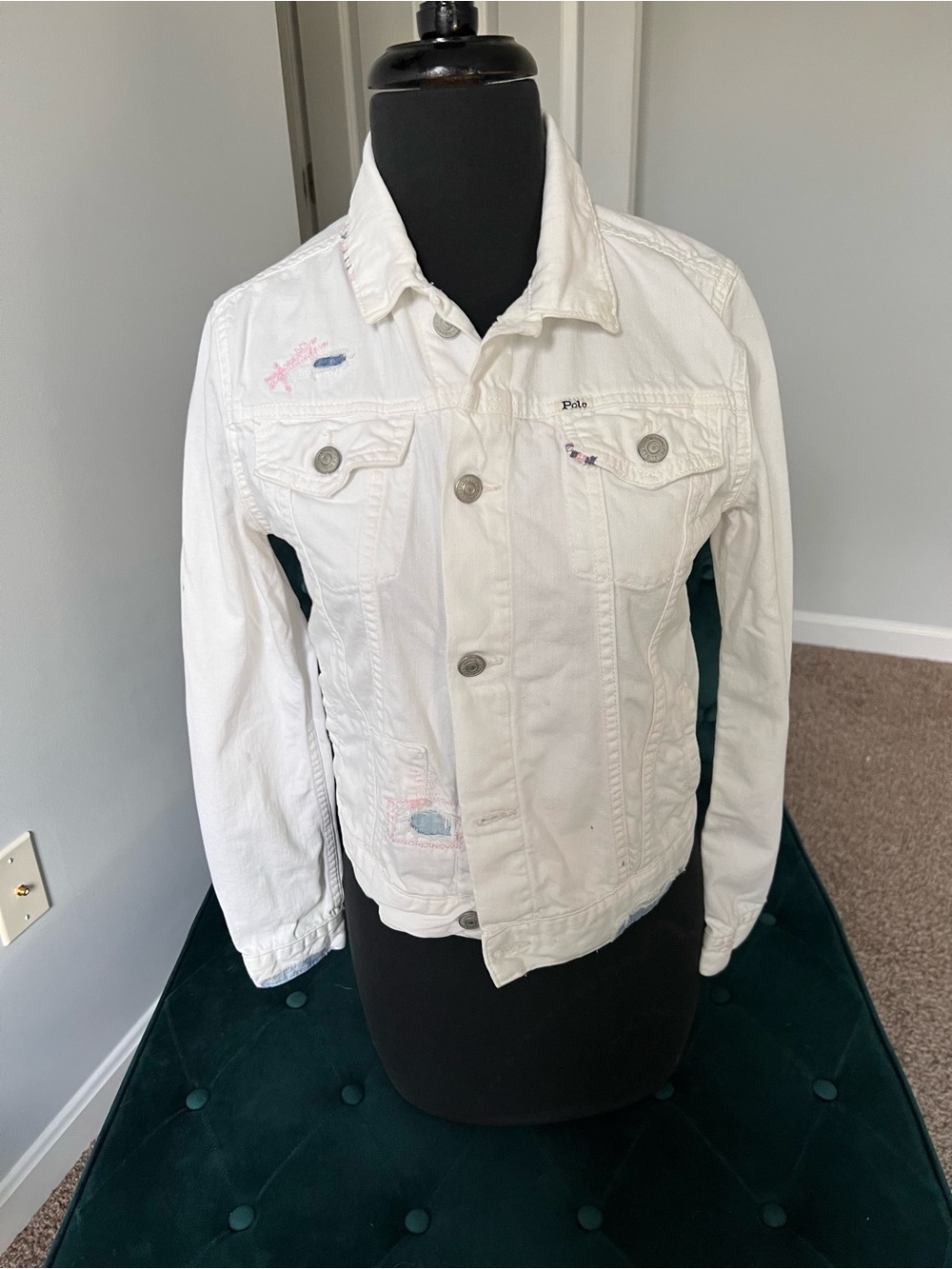 Polo Ralph Lauren Girls Authentic Denim Goods White Distress Trucker Jacket XL
